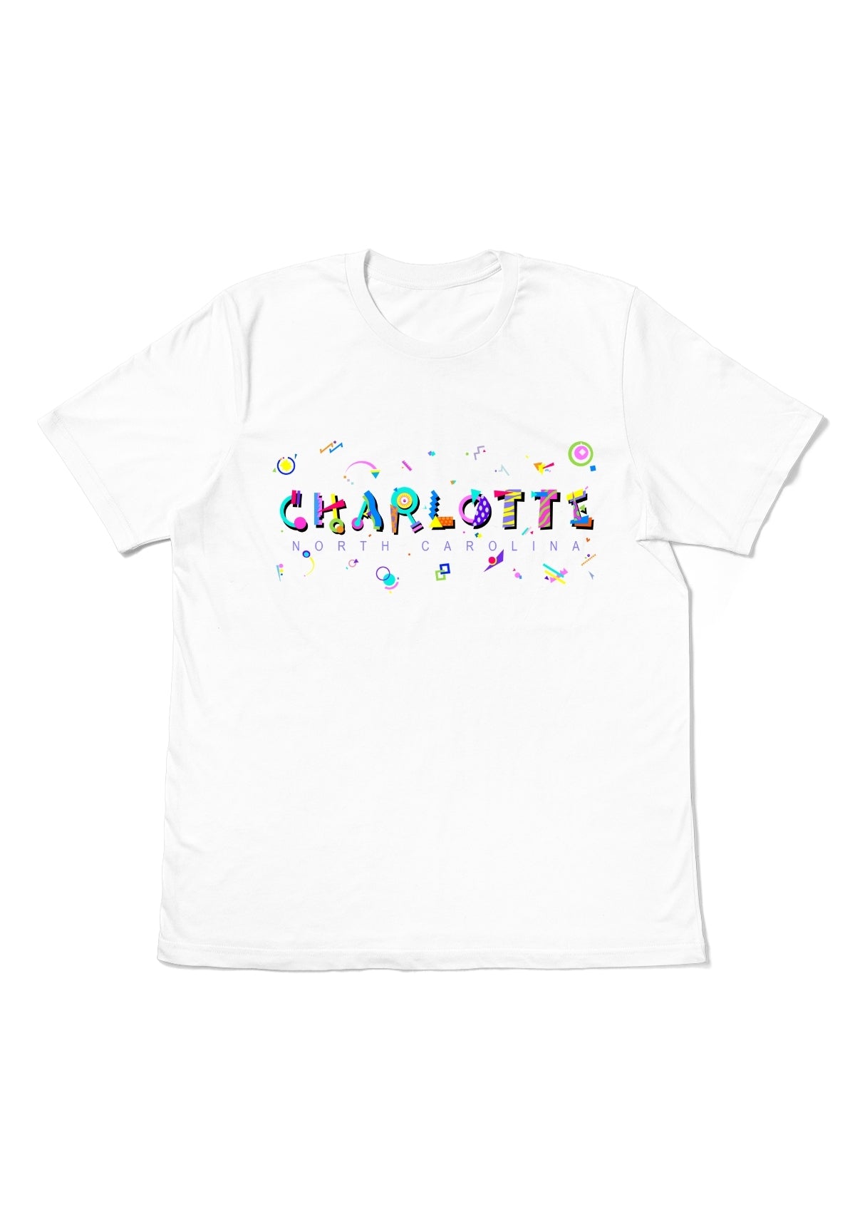 CHARLOTTE, NORTH CAROLINA, printed colorful Memphis font white flat tee