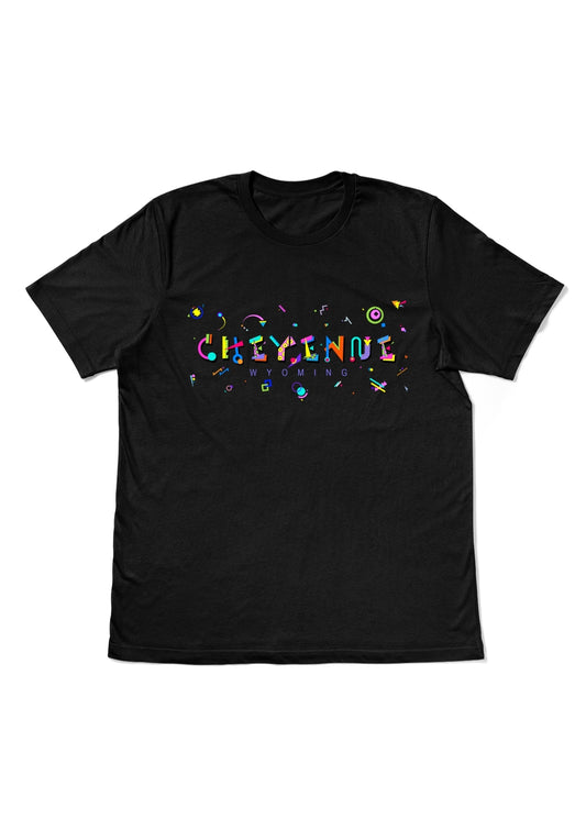 CHEYENNE, WYOMING, printed colorful Memphis style font black flat tee