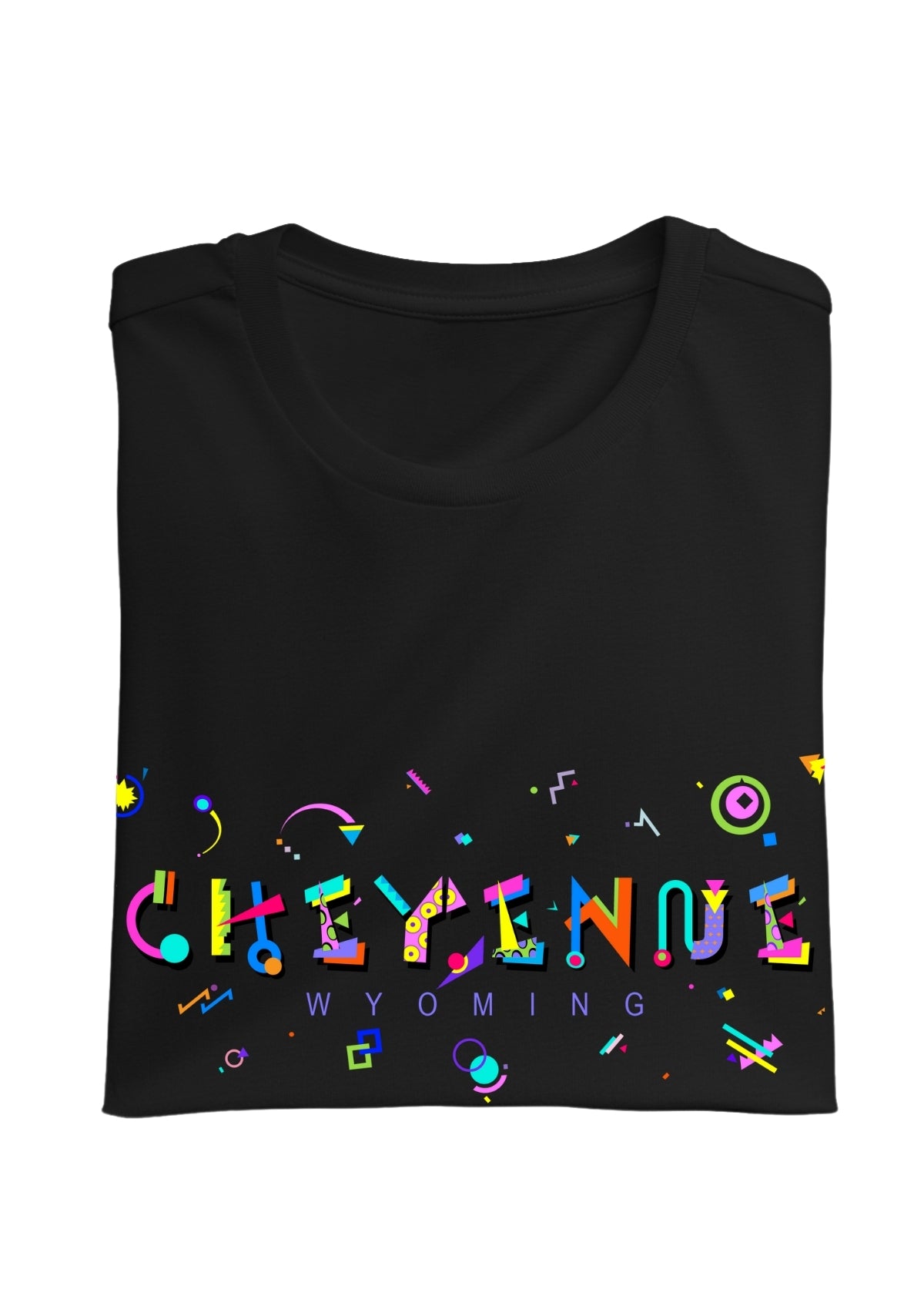 CHEYENNE, WYOMING, printed colorful Memphis font black folded tee