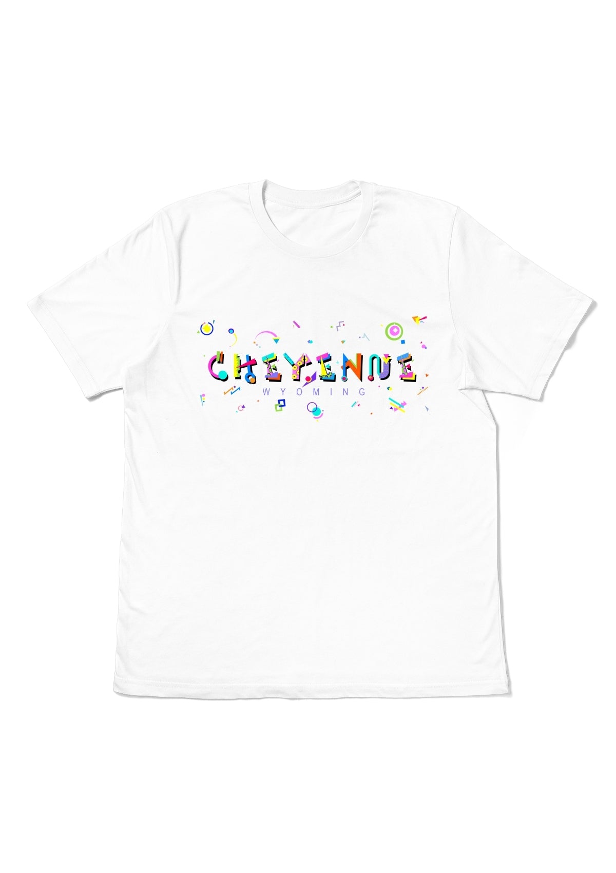 CHEYENNE, WYOMING, printed colorful Memphis font white flat tee