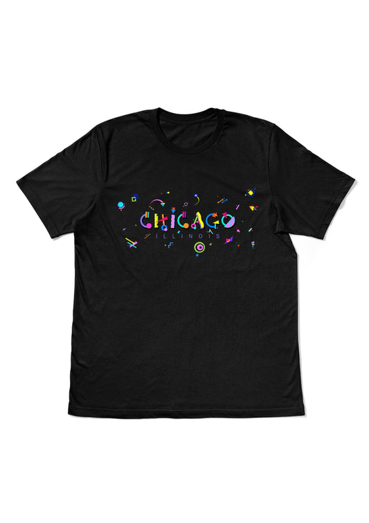 CHICAGO, ILLINOIS, printed colorful Memphis style font black flat tee
