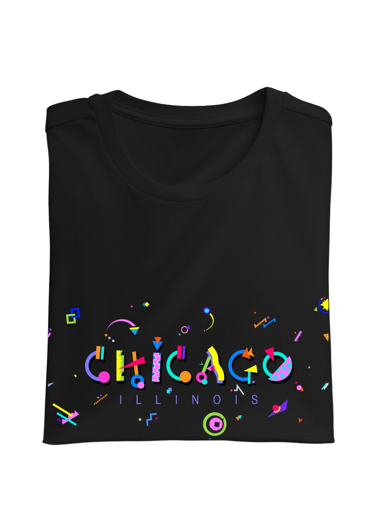 CHICAGO, ILLINOIS, printed colorful Memphis font black folded tee