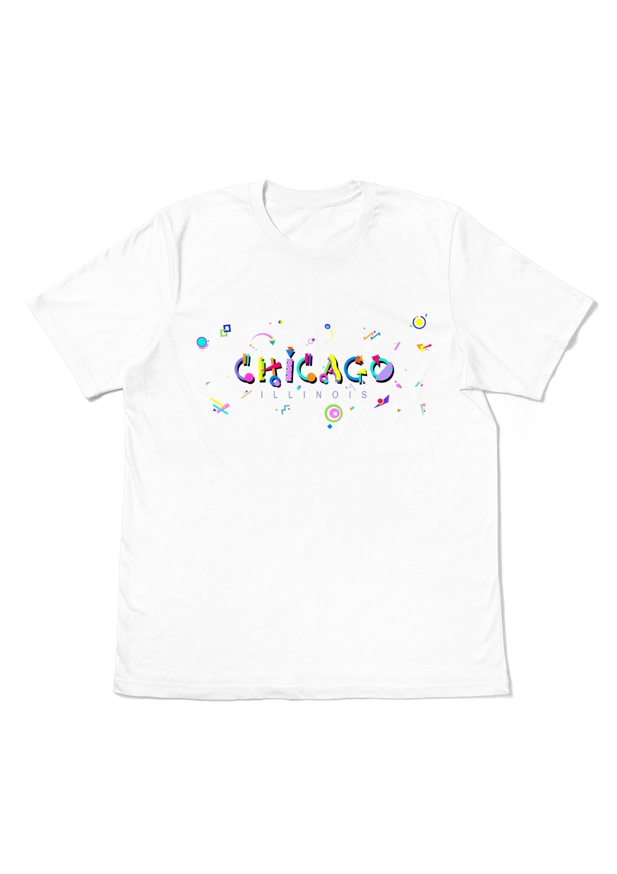 CHICAGO, ILLINOIS, printed colorful Memphis font white flat tee