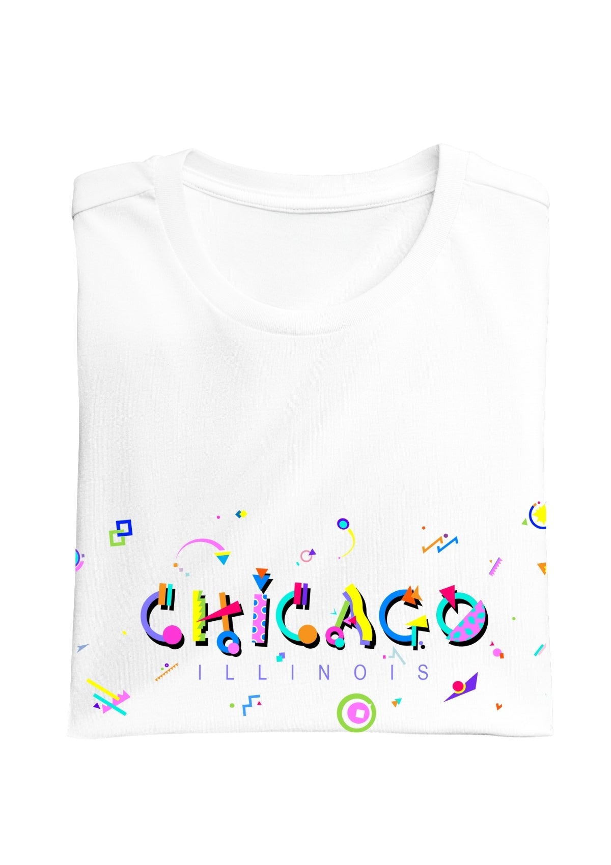 CHICAGO, ILLINOIS, colorful Memphis Style Font on white folded tee
