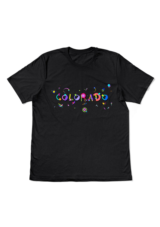 COLORADO, printed colorful Memphis style font black flat tee