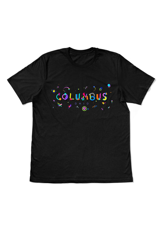 COLUMBUS, OHIO, printed colorful Memphis style font black flat tee