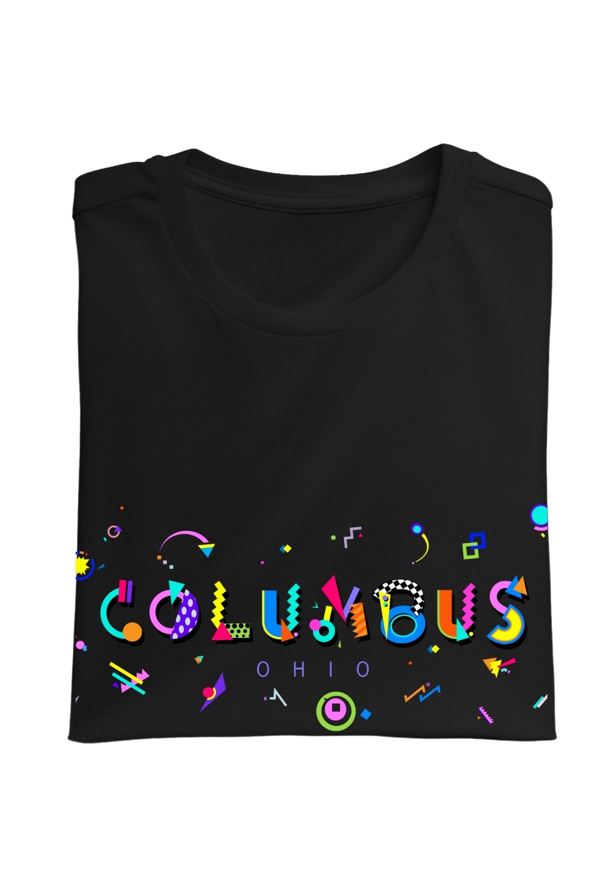 COLUMBUS, OHIO, printed colorful Memphis font black folded tee