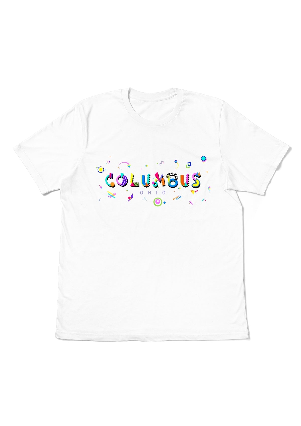 COLUMBUS, OHIO, printed colorful Memphis font white flat tee