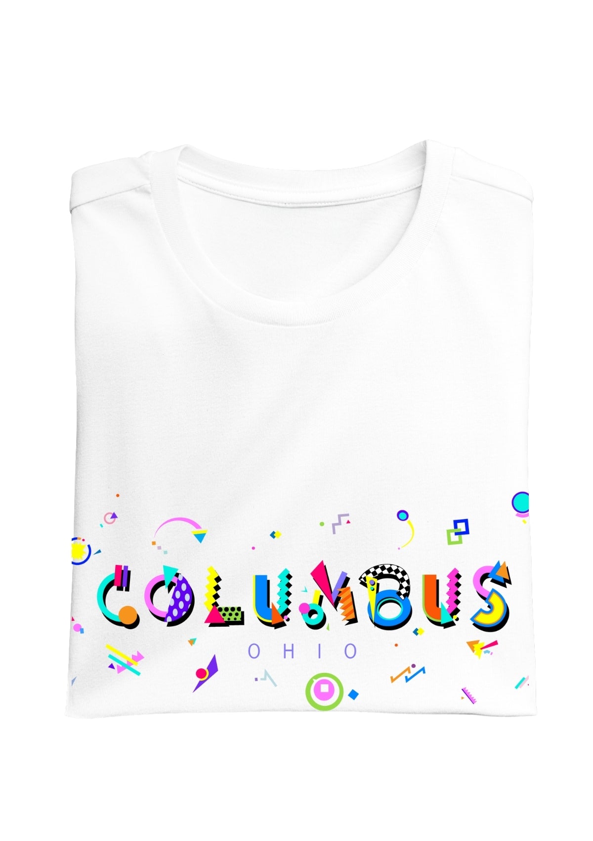 COLUMBUS, OHIO, colorful Memphis Style Font on white folded tee