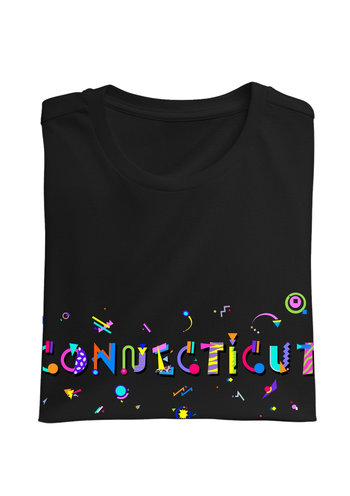 CONNECTICUT, printed colorful Memphis font black folded tee