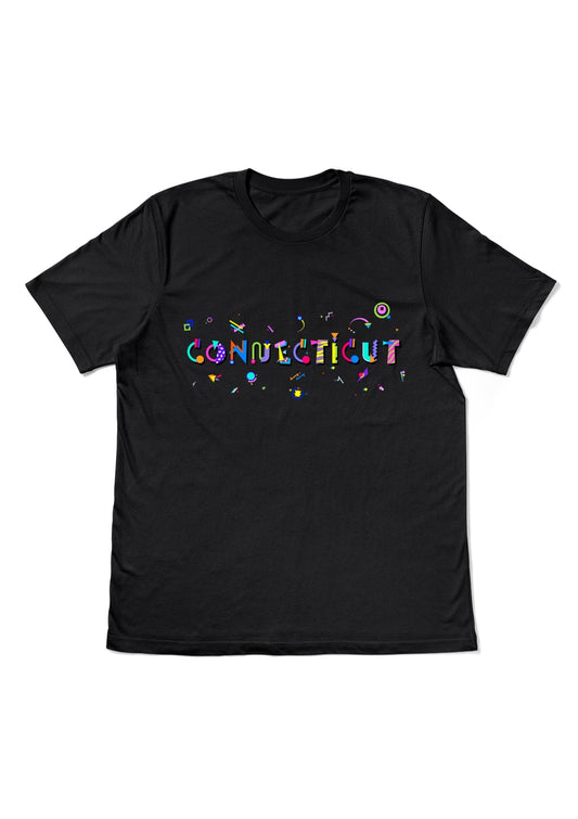CONNECTICUT, printed colorful Memphis style font black flat tee
