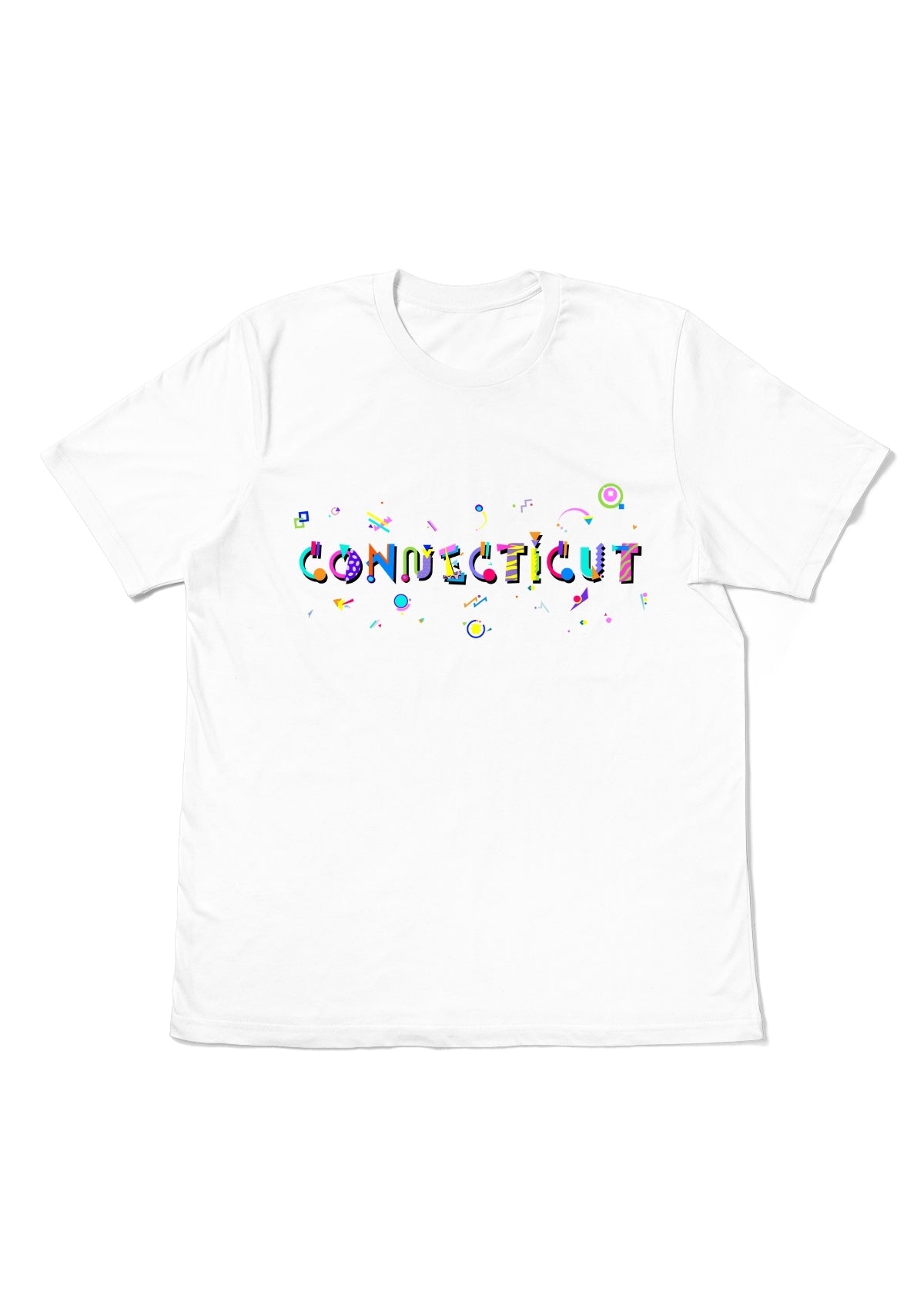 CONNECTICUT, printed colorful Memphis font white flat tee