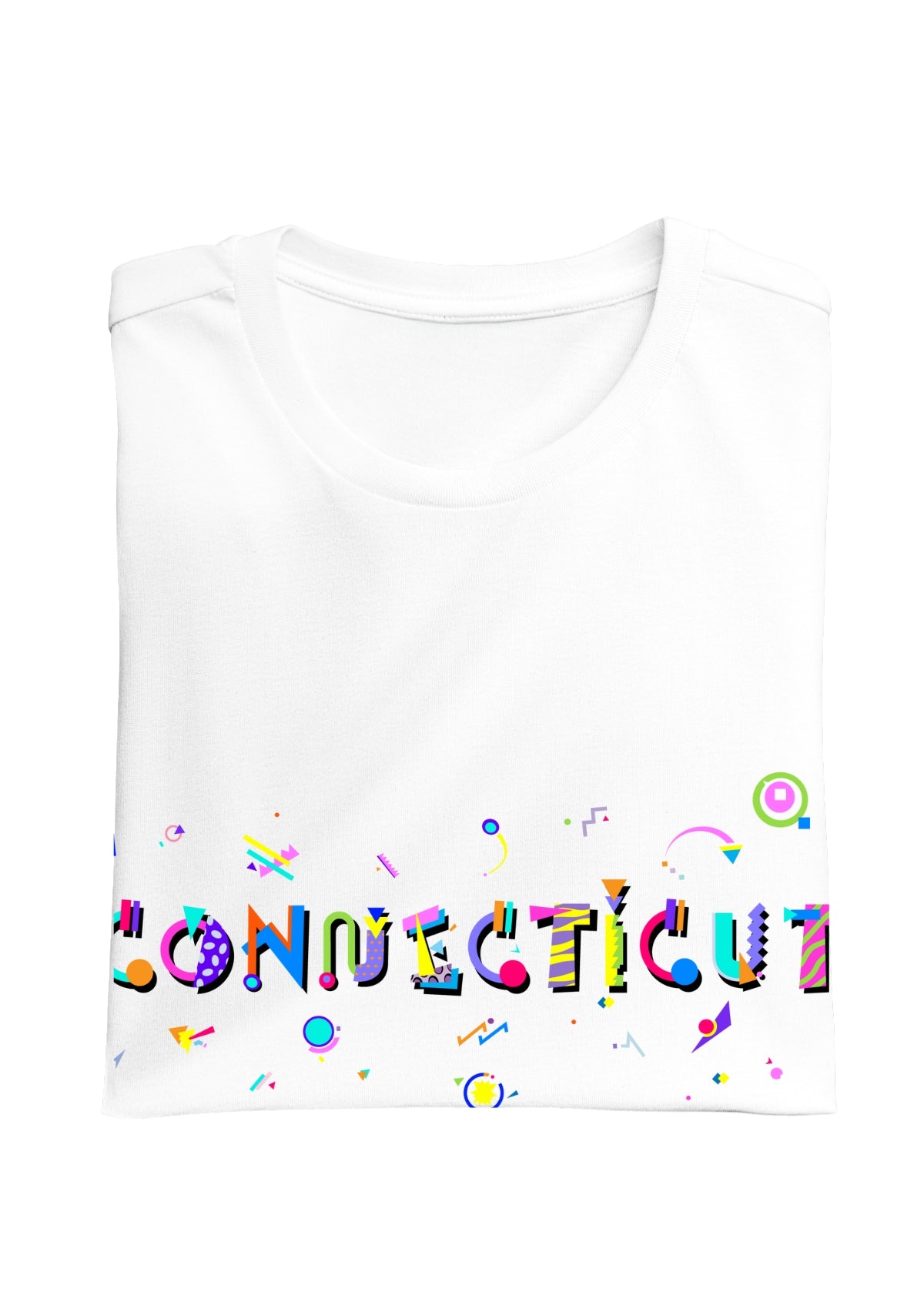 CONNECTICUT printed in colorful letters - Memphis style fonts - white-folded-tee