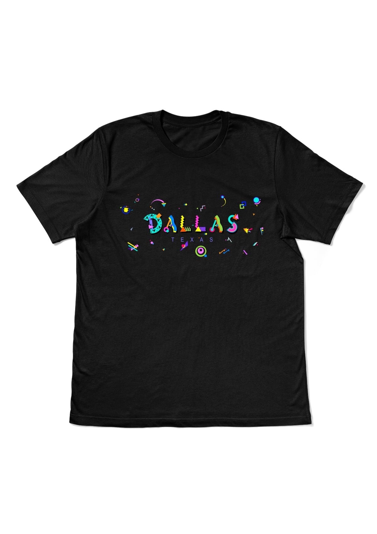 DALLAS, TEXAS, printed colorful Memphis style font black flat tee
