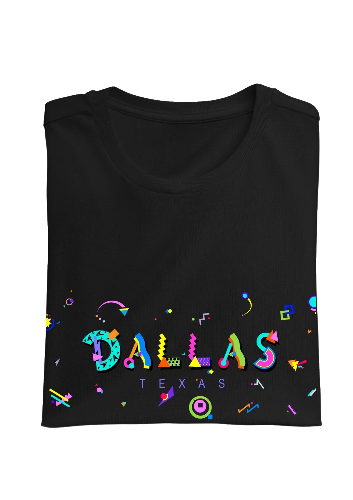 DALLAS, TEXAS, printed colorful Memphis font black folded tee