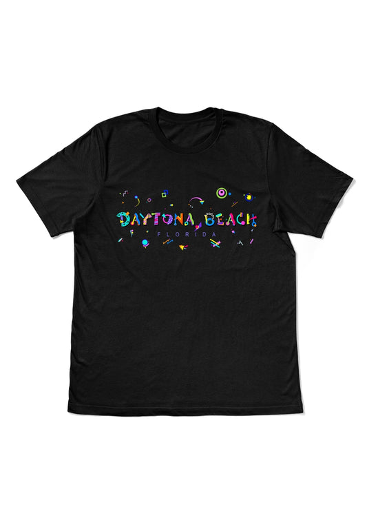 DAYTONA BEACH, FLORIDA, printed colorful Memphis style font black flat tee