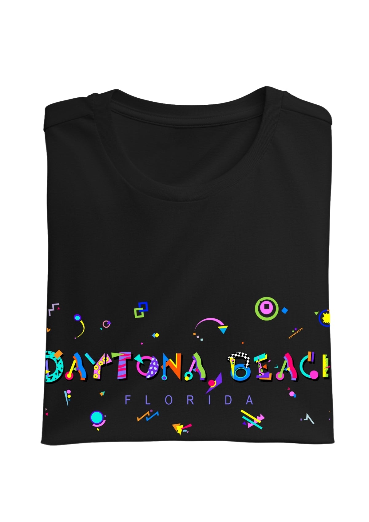 DAYTONA BEACH, FLORIDA, printed colorful Memphis font black folded tee