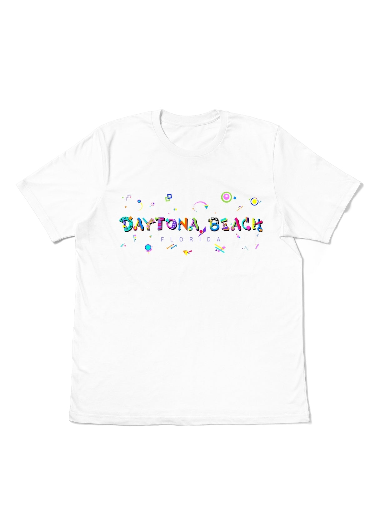 DAYTONA BEACH, FLORIDA, printed colorful Memphis font white flat tee