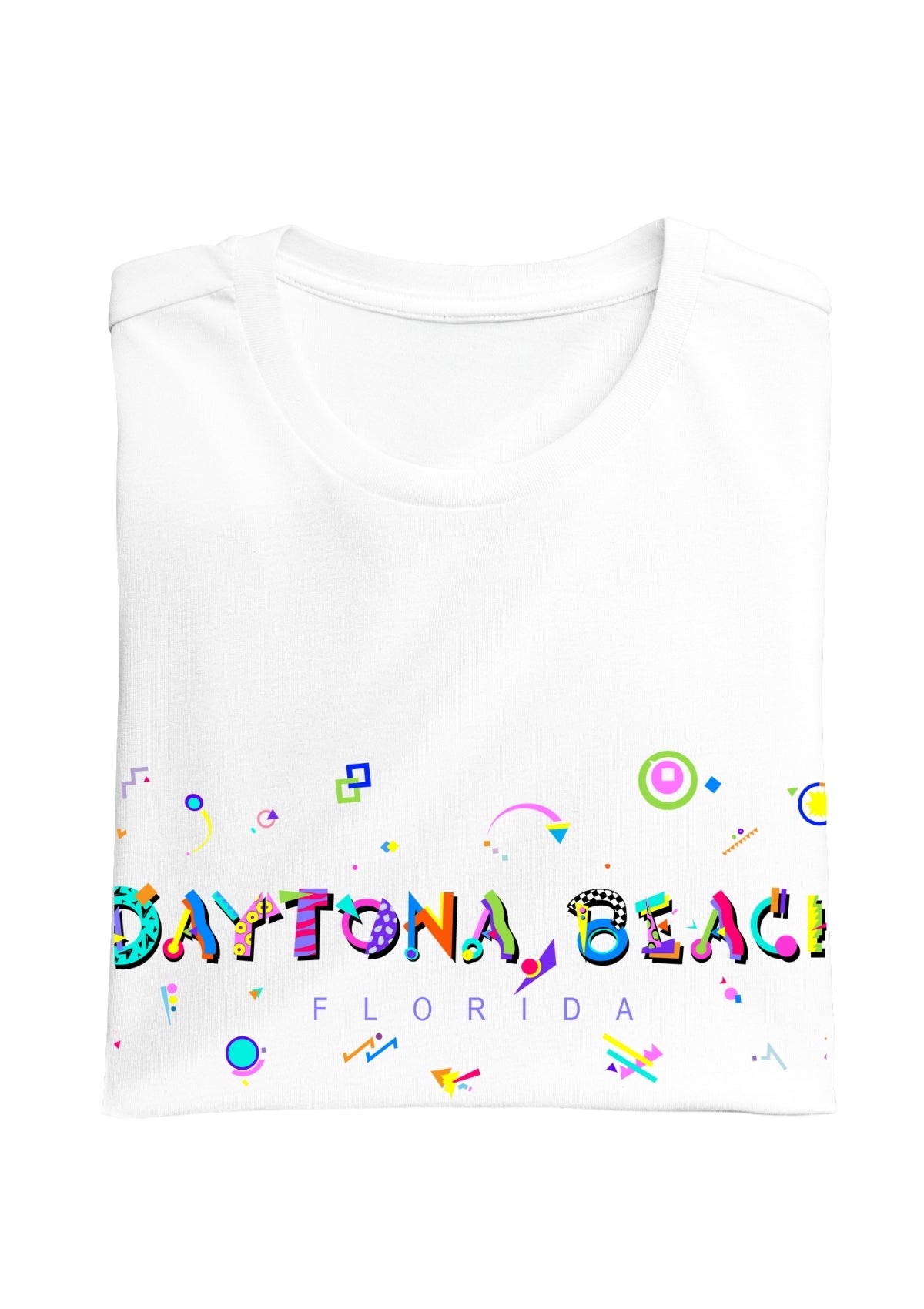 DAYTONA BEACH, FLORIDA, colorful Memphis Style Font on white folded tee