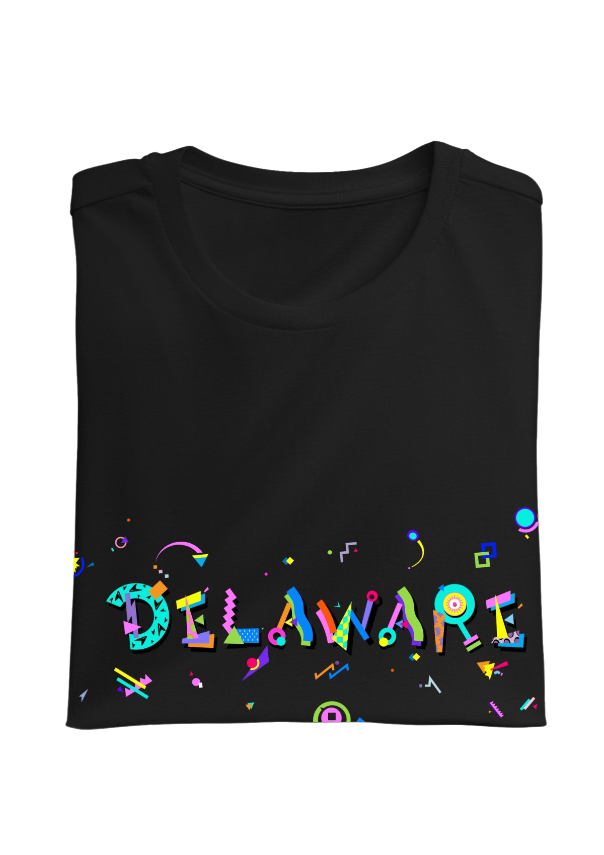 DELAWARE, printed colorful Memphis font black folded tee