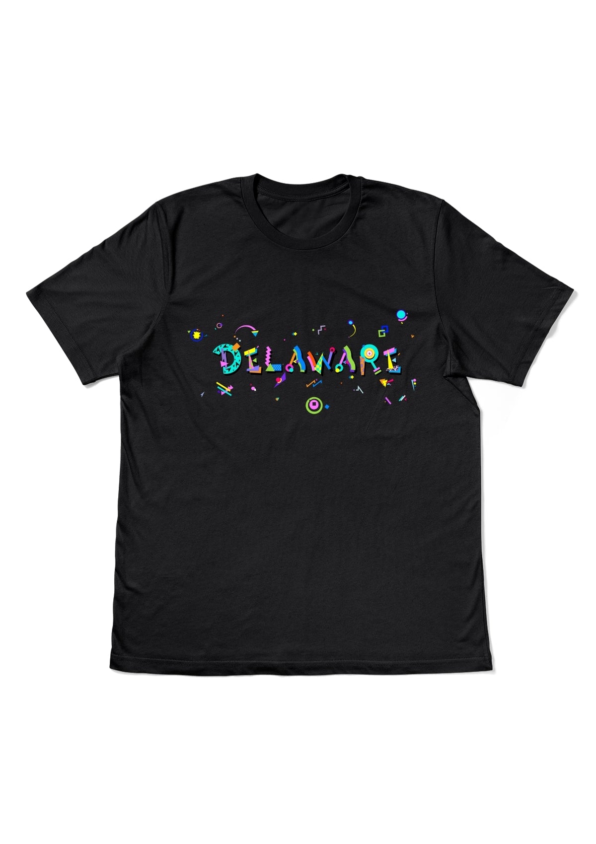 DELAWARE, printed colorful Memphis style font black flat tee