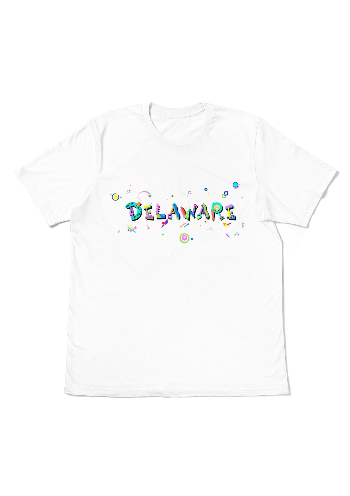 DELAWARE, printed colorful Memphis font white flat tee