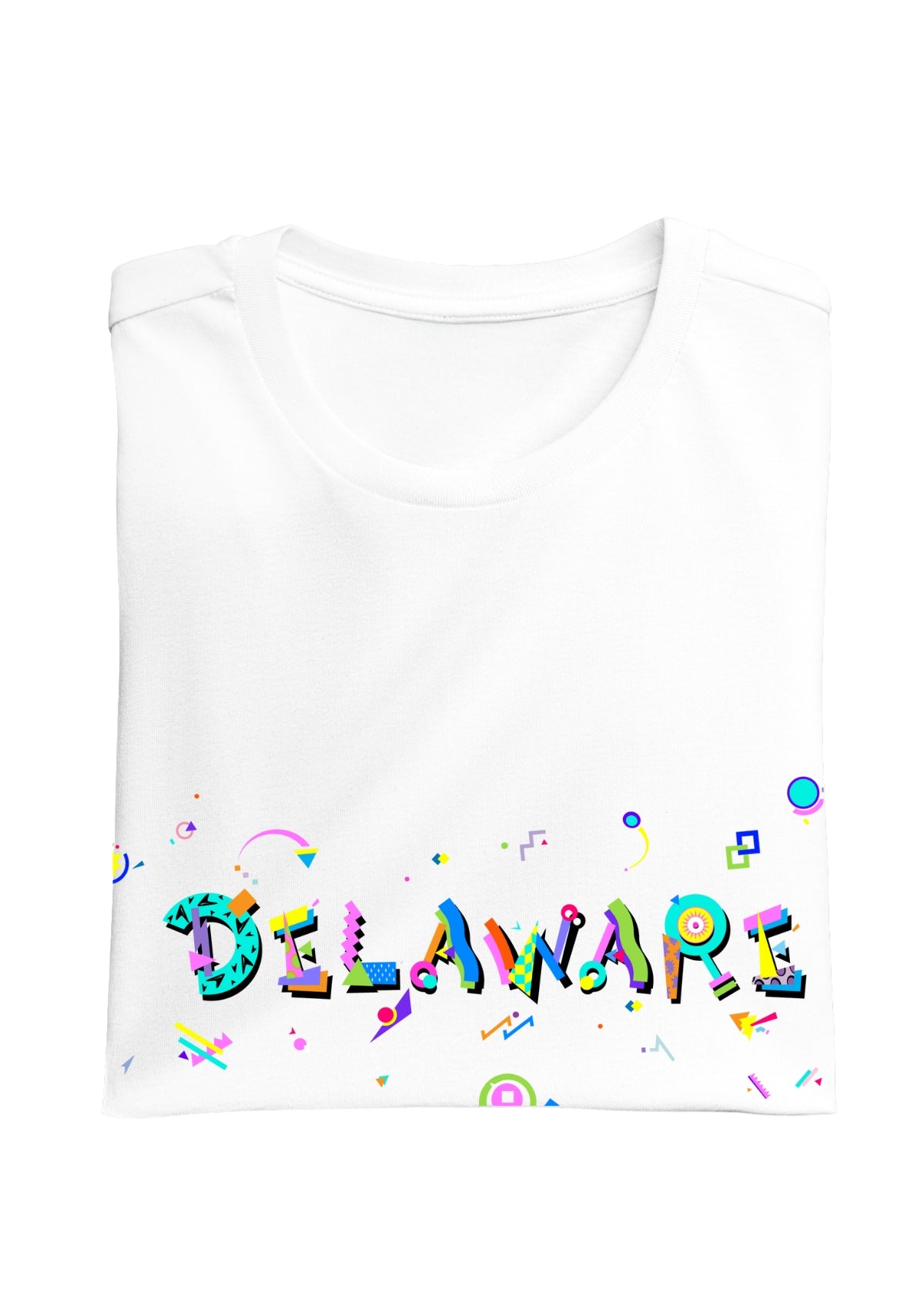 DELAWARE printed in colorful letters - Memphis style fonts - white-folded-tee