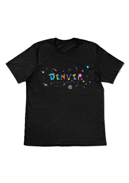 DENVER. COLORADO, printed colorful Memphis style font black flat tee