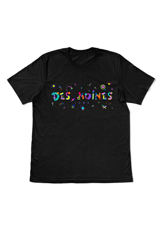 DES MOINES, IOWA, printed colorful Memphis style font black flat tee