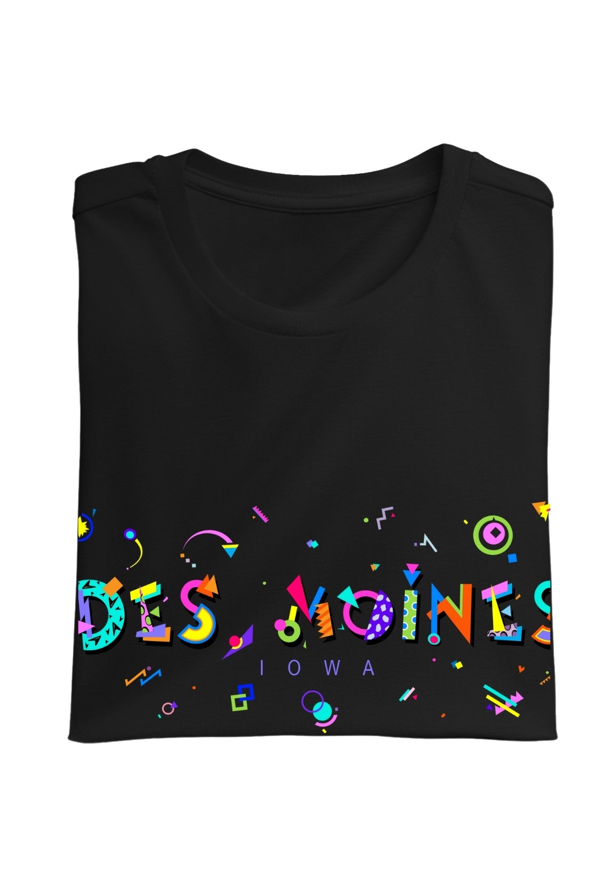 DES MOINES, IOWA, printed colorful Memphis font black folded tee