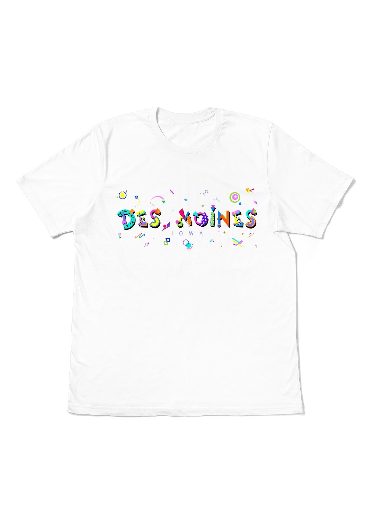 DES MOINES, IOWA, printed colorful Memphis font white flat tee