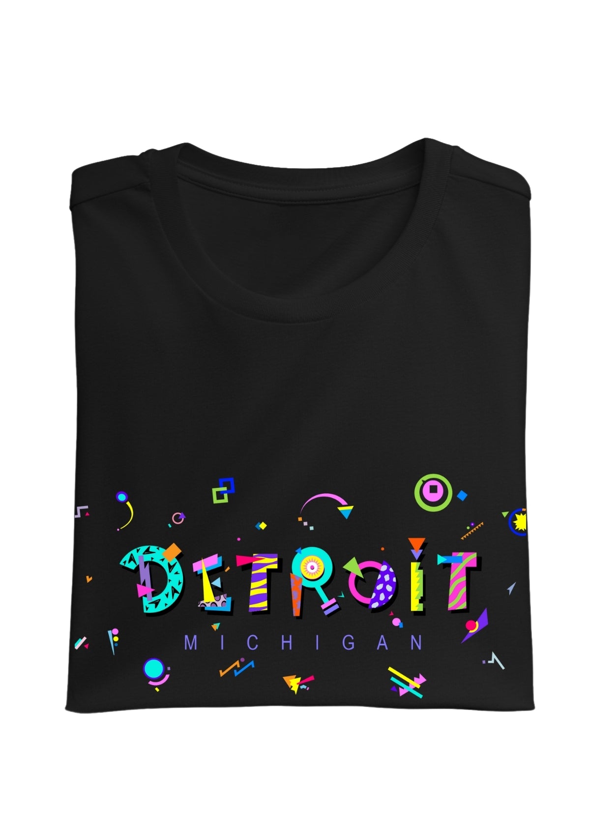 DETROIT, MICHIGAN, printed colorful Memphis font black folded tee