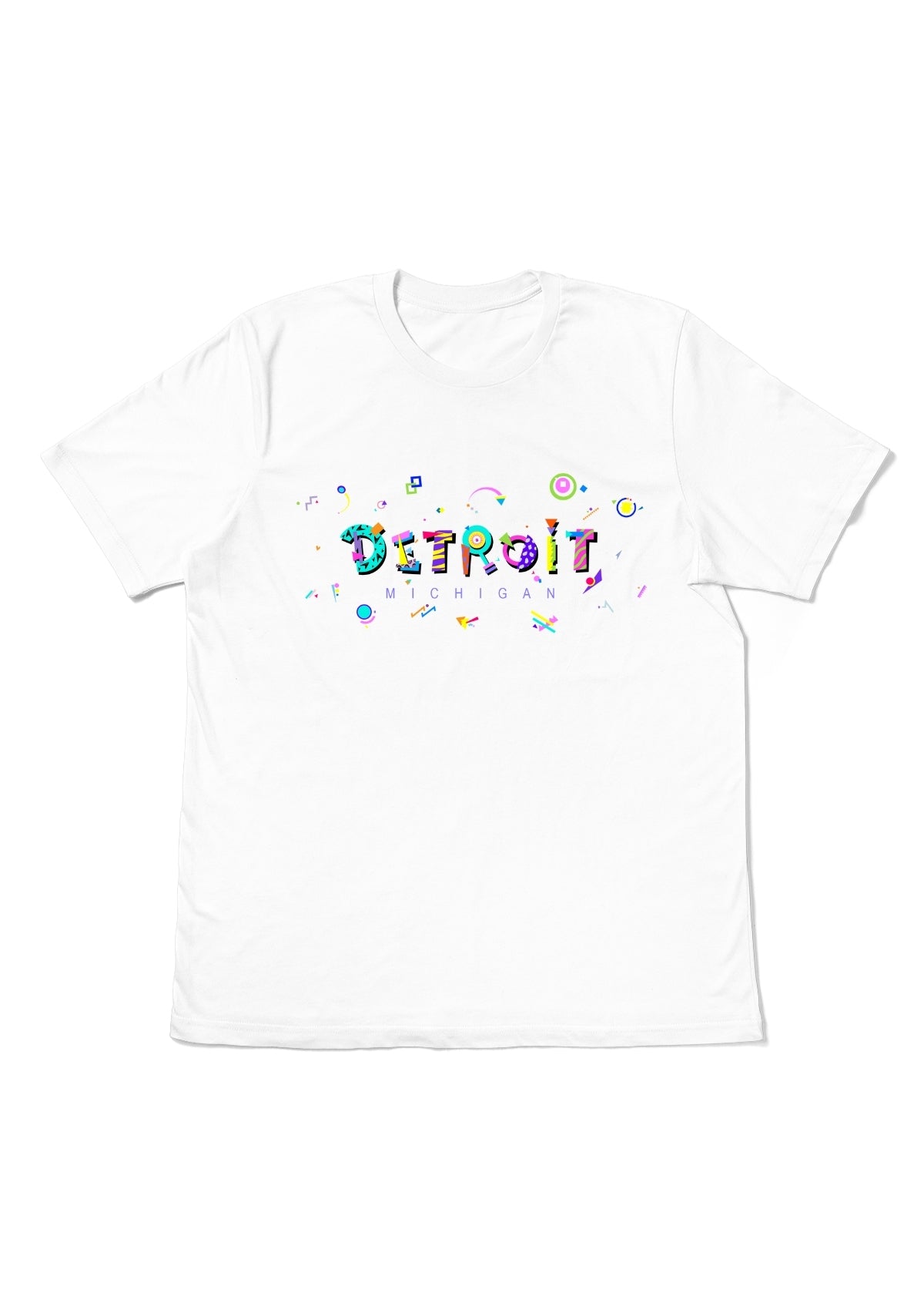 DETROIT, MICHIGAN, printed colorful Memphis font white flat tee