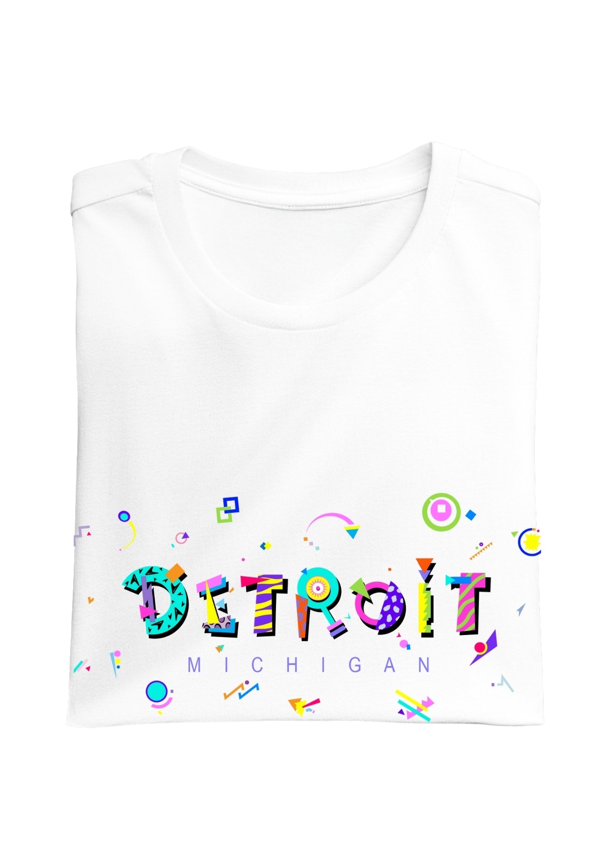 DETROIT, MICHIGAN, colorful Memphis Style Font on white folded tee