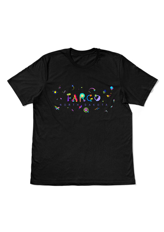 FARGO, NORTH DAKOTA, printed colorful Memphis style font black flat tee