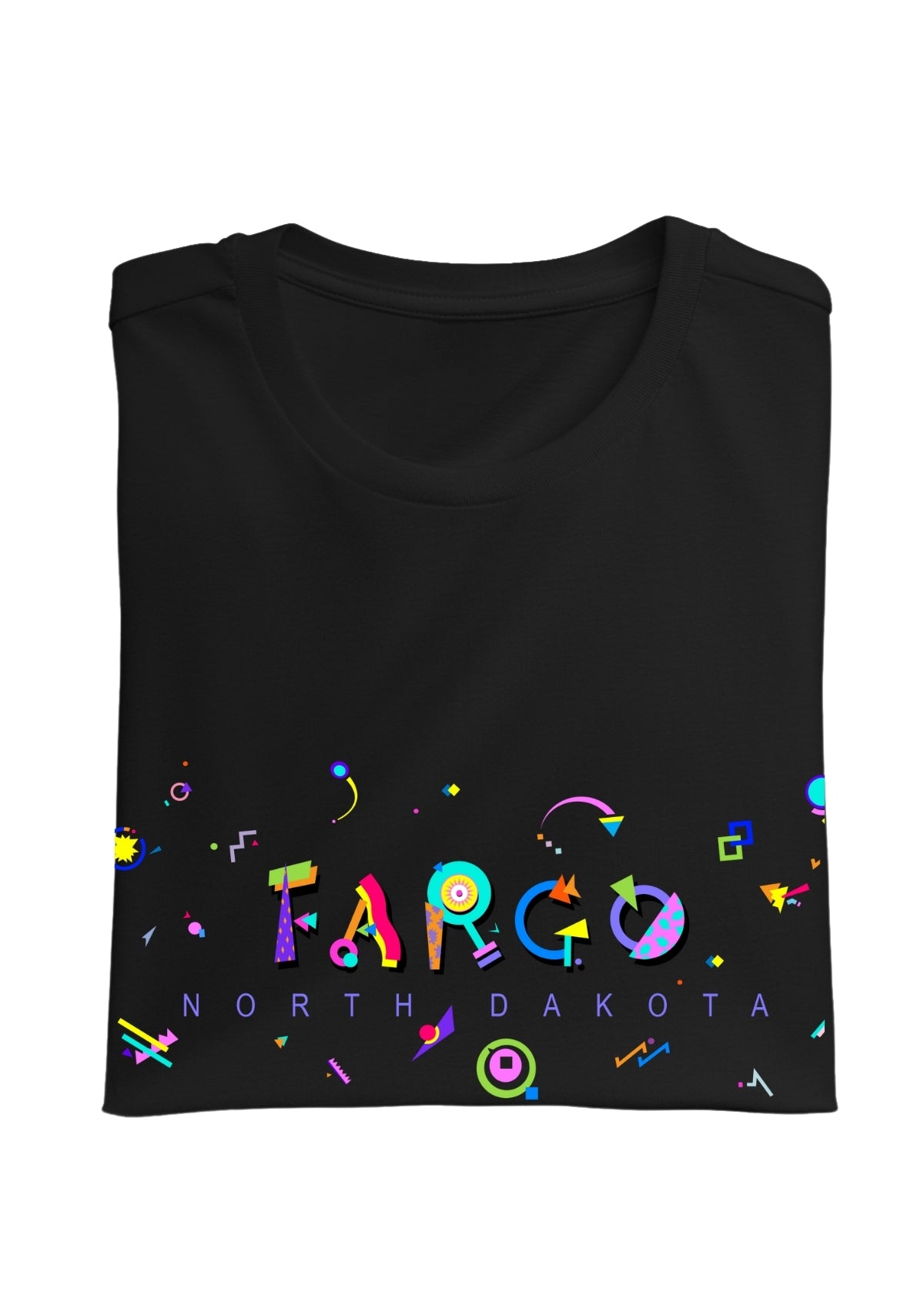 FARGO, NORTH DAKOTA, printed colorful Memphis font black folded tee
