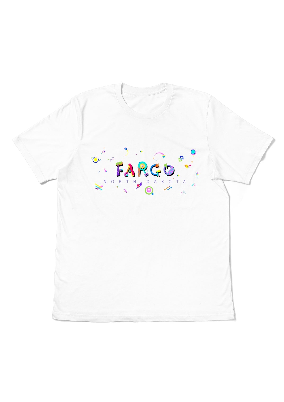 FARGO, NORTH DAKOTA, printed colorful Memphis font white flat tee
