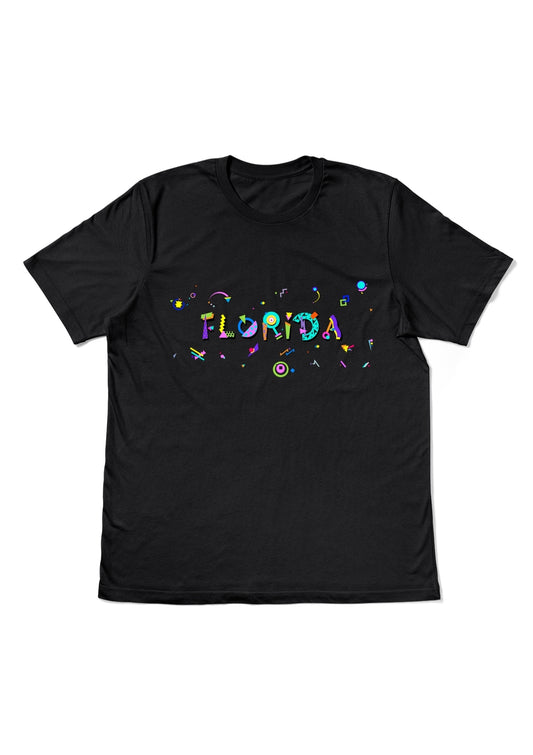 FLORIDA, printed colorful Memphis style font black flat tee
