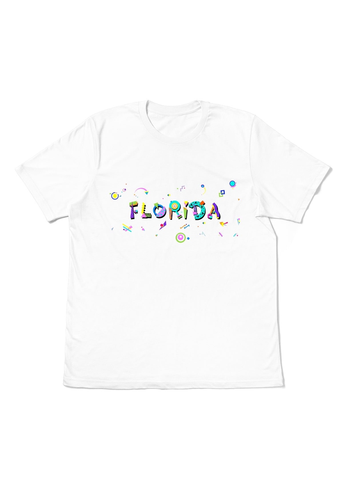 FLORIDA, printed colorful Memphis font white flat tee