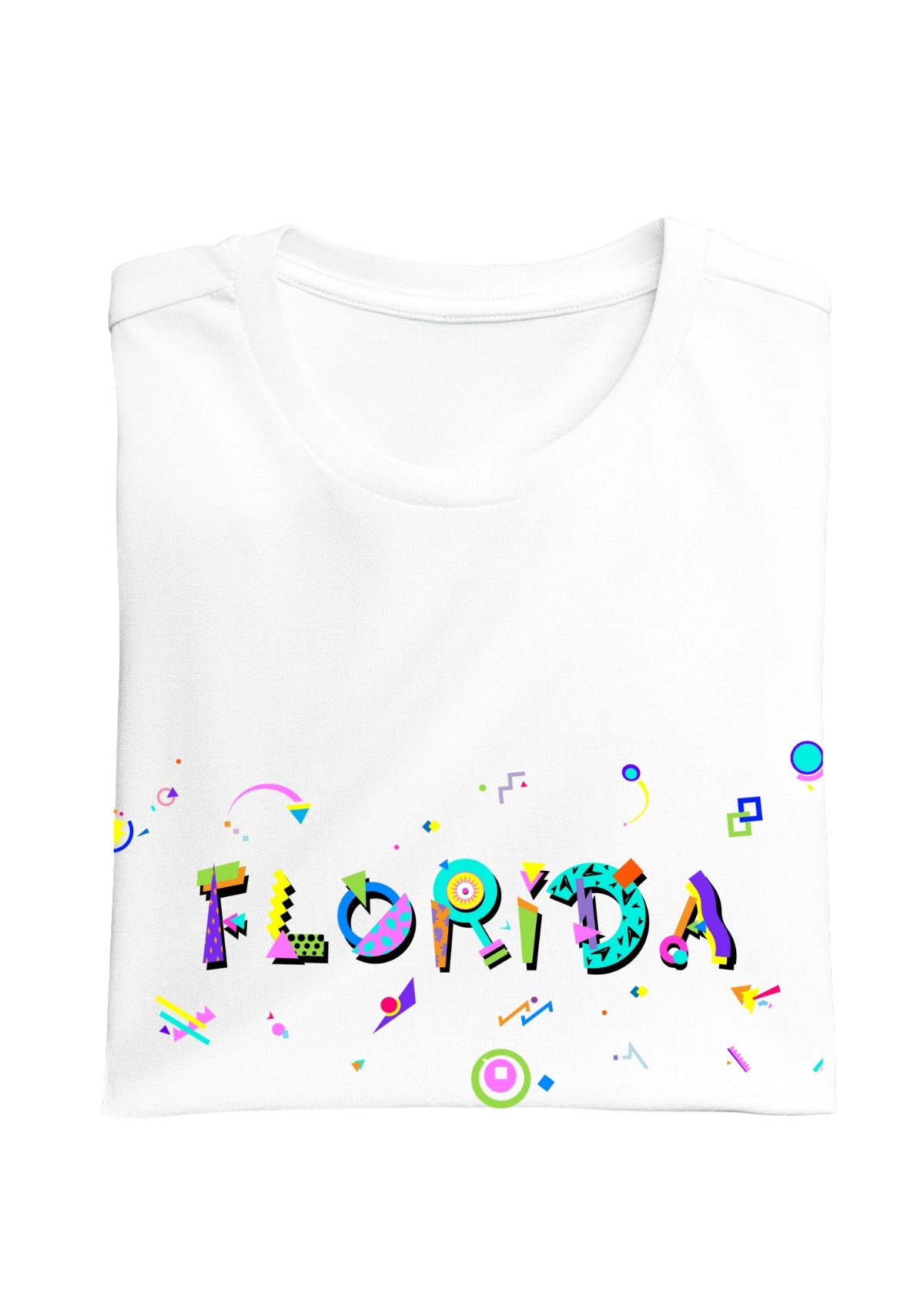FLORIDA printed in colorful letters - Memphis style fonts - white-folded-tee