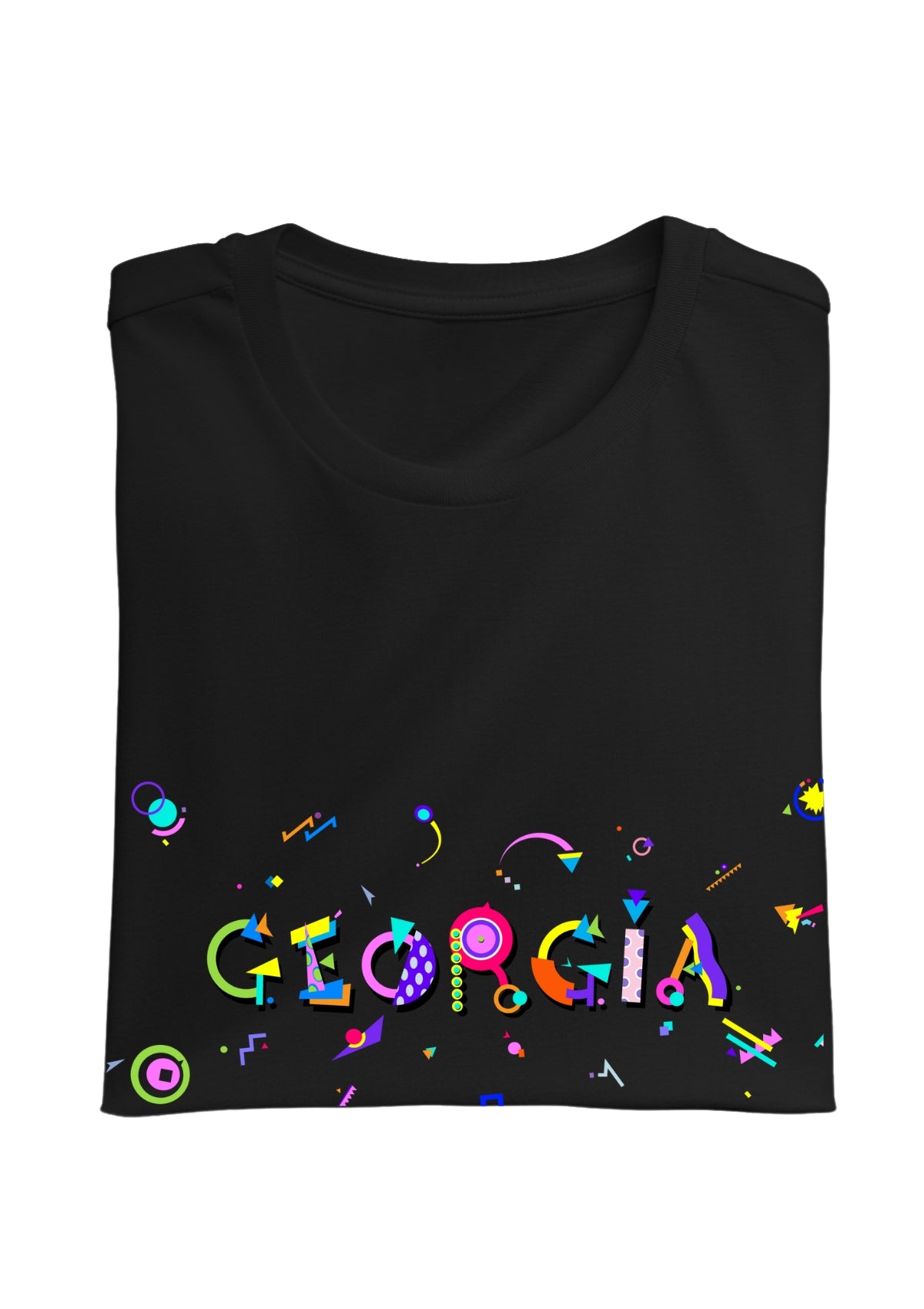 GEORGIA, printed colorful Memphis font black folded tee