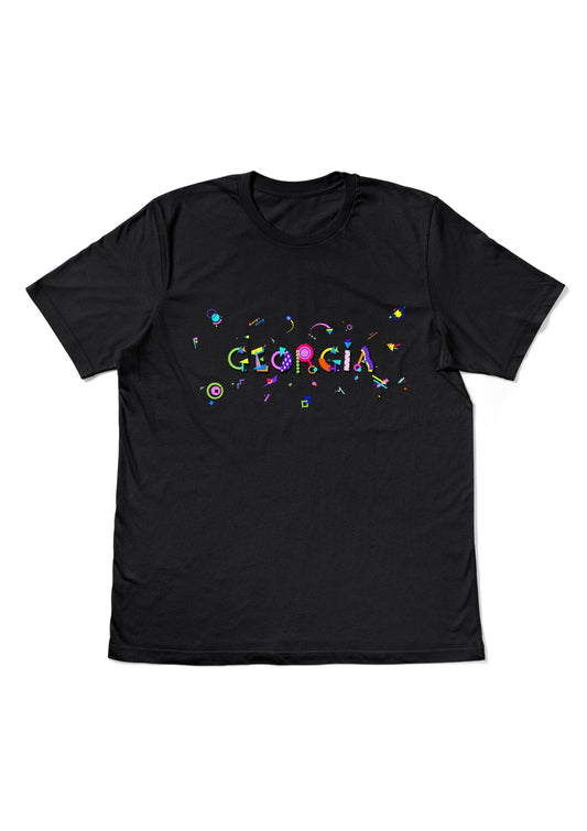 GEORGIA, printed colorful Memphis style font black flat tee