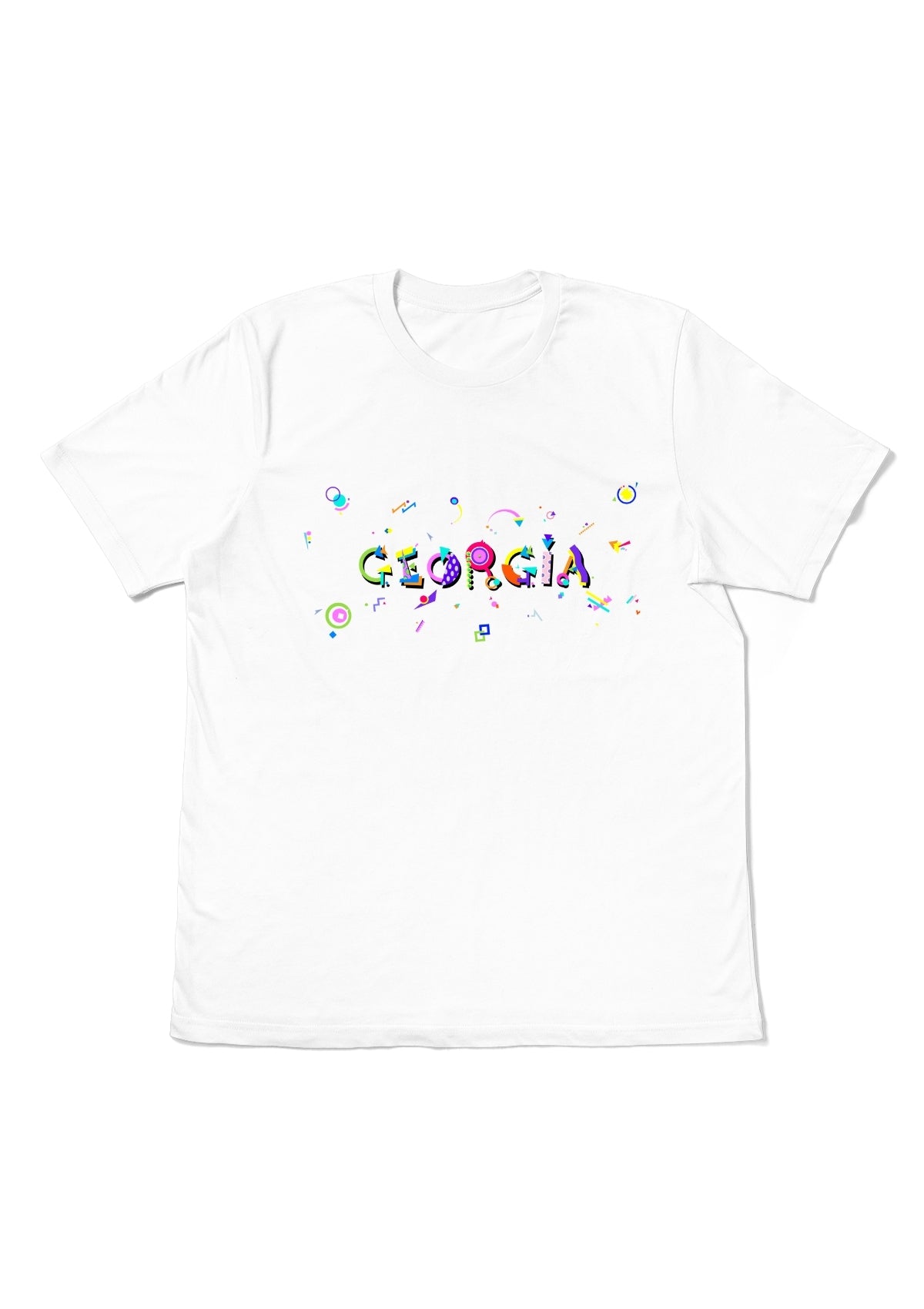 GEORGIA, printed colorful Memphis font white flat tee