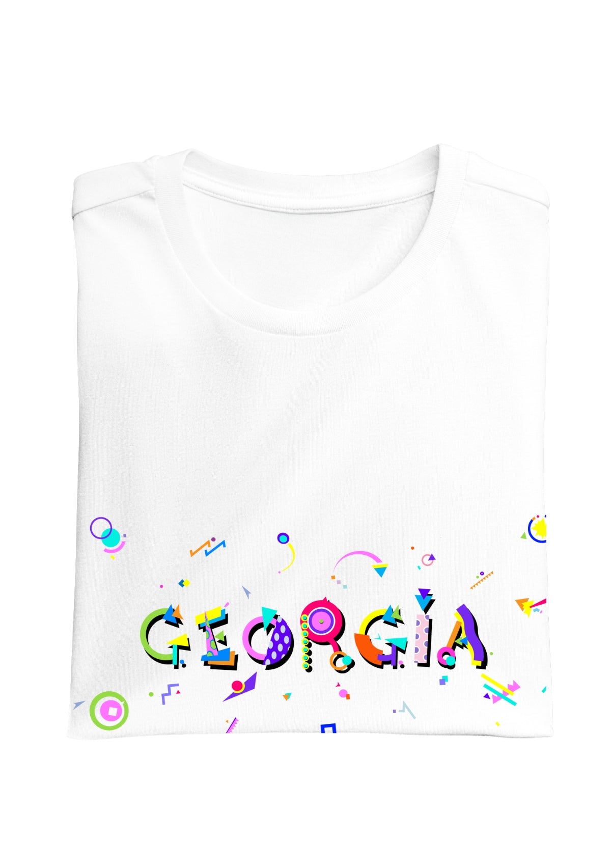 GEORGIA printed in colorful letters - Memphis style fonts - white-folded-tee