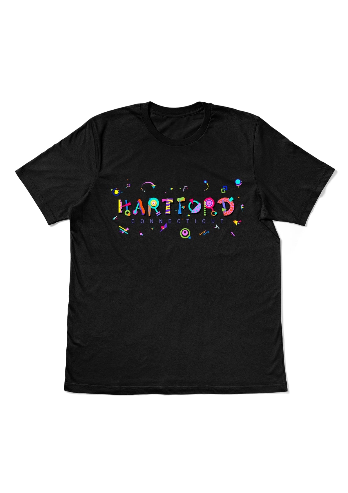 HARTFORD, CONNECTICUT, printed colorful Memphis style font black flat tee