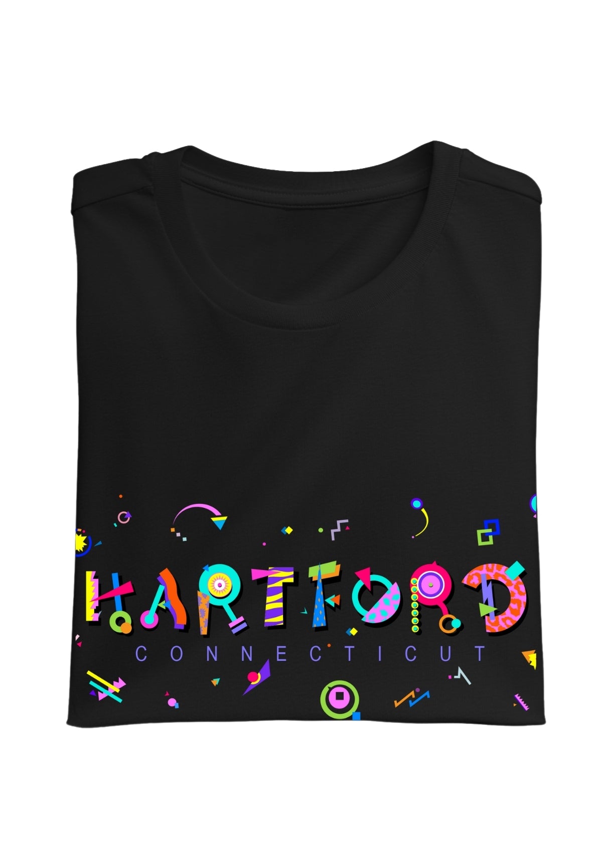 HARTFORD, CONNECTICUT,, printed colorful Memphis font black folded tee