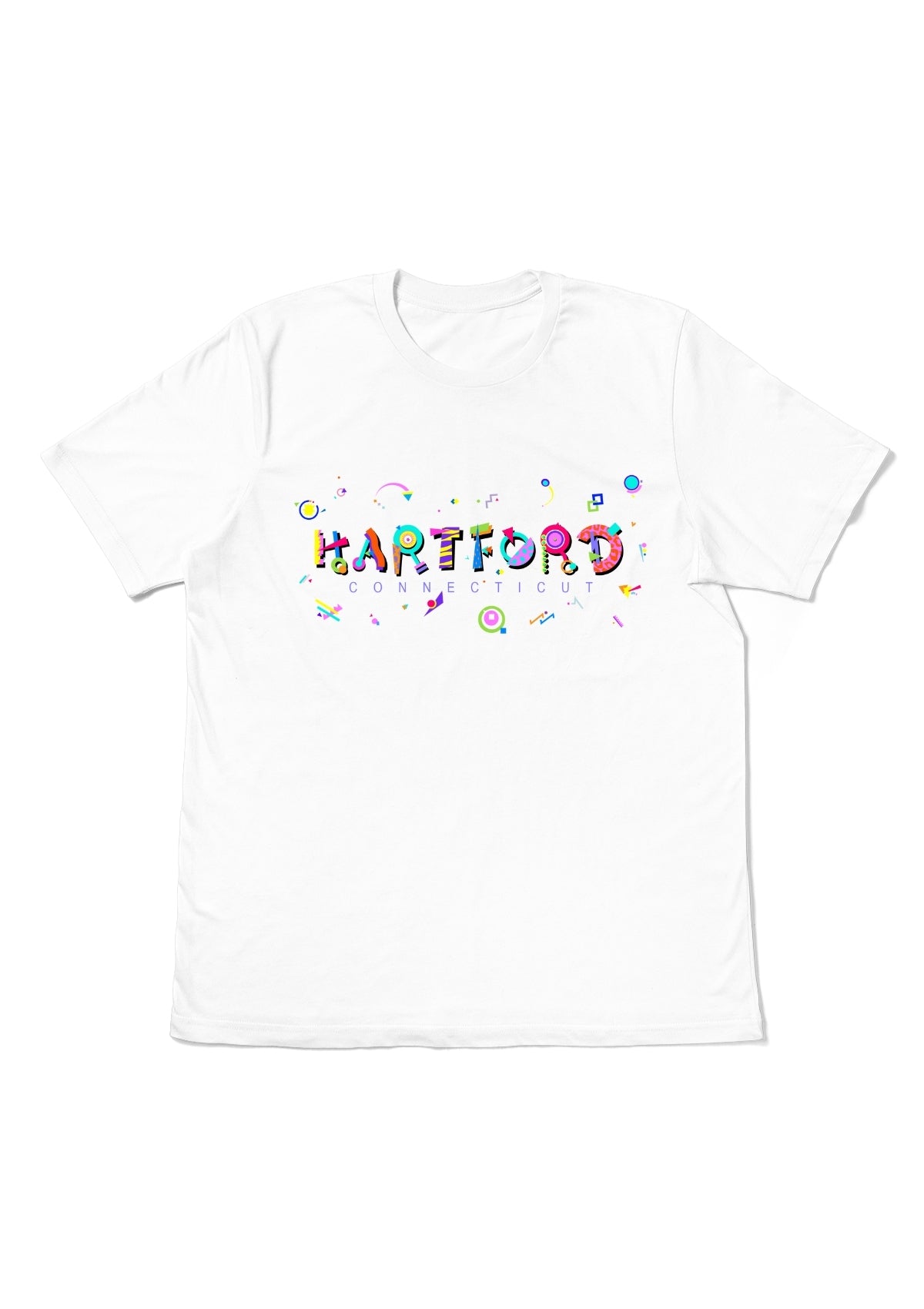 HARTFORD, CONNECTICUT, printed colorful Memphis font white flat tee