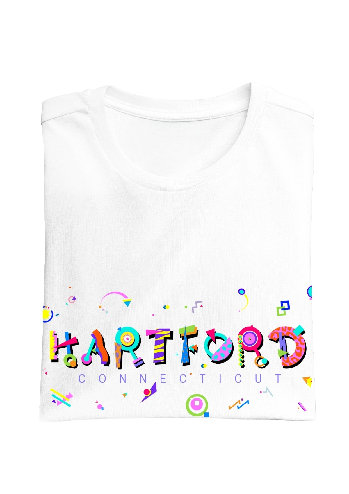 HARTFORD, CONNECTICUT, colorful Memphis Style Font on white folded tee