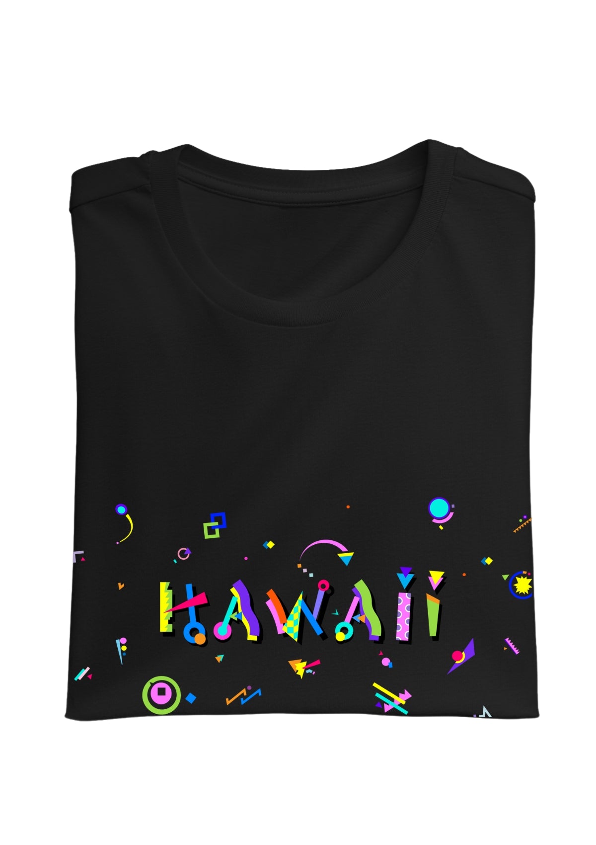 HAWAII, printed colorful Memphis font black folded tee