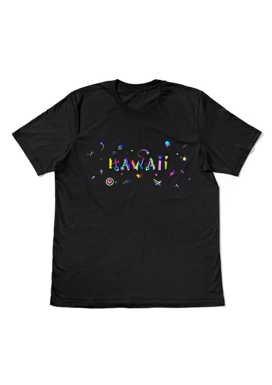HAWAII, printed colorful Memphis style font black flat tee